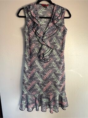 Vintage Vivienne Tam Geometric Abstract Mesh 90s 00s Y2K Ruffle Dress Petite